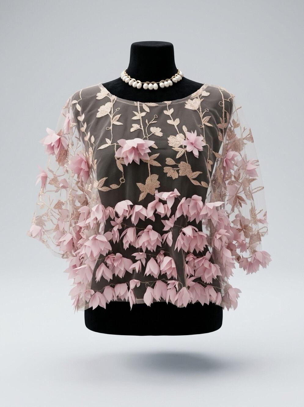 Kate 3D Floral Applique Sheer Mesh Blouse Pink Embroidered Statement Top